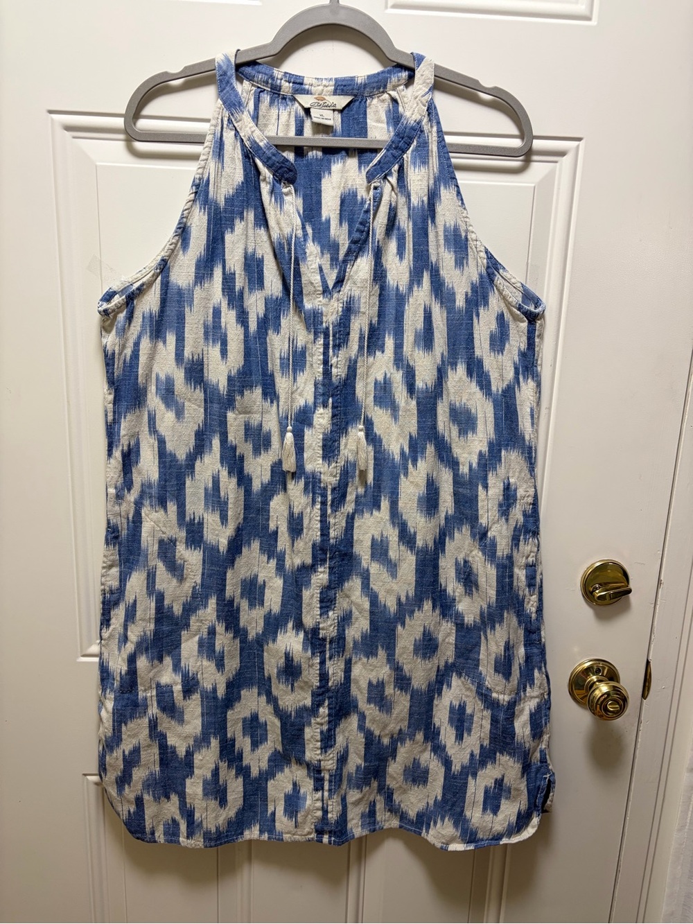 Cabela/  Bob Timberlake Blue Cream ikat 100% Cotton Sleeveless Shift dress XL